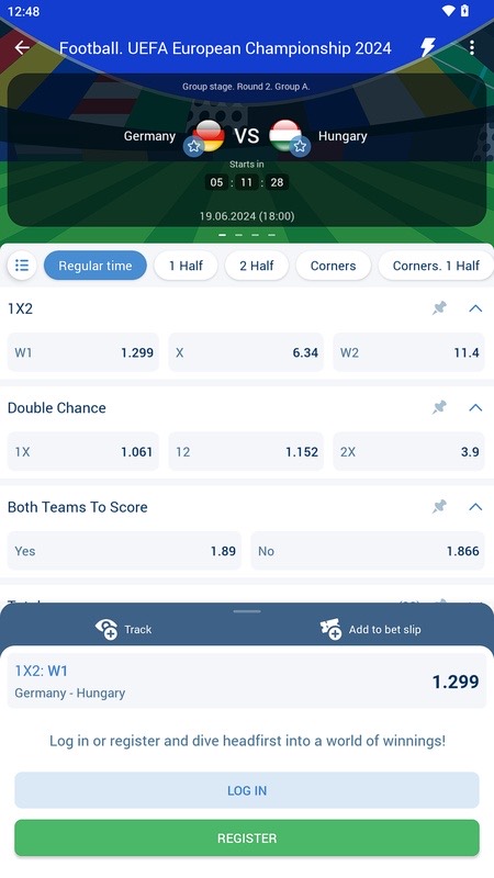 1xBet: match odds and invitation to log in