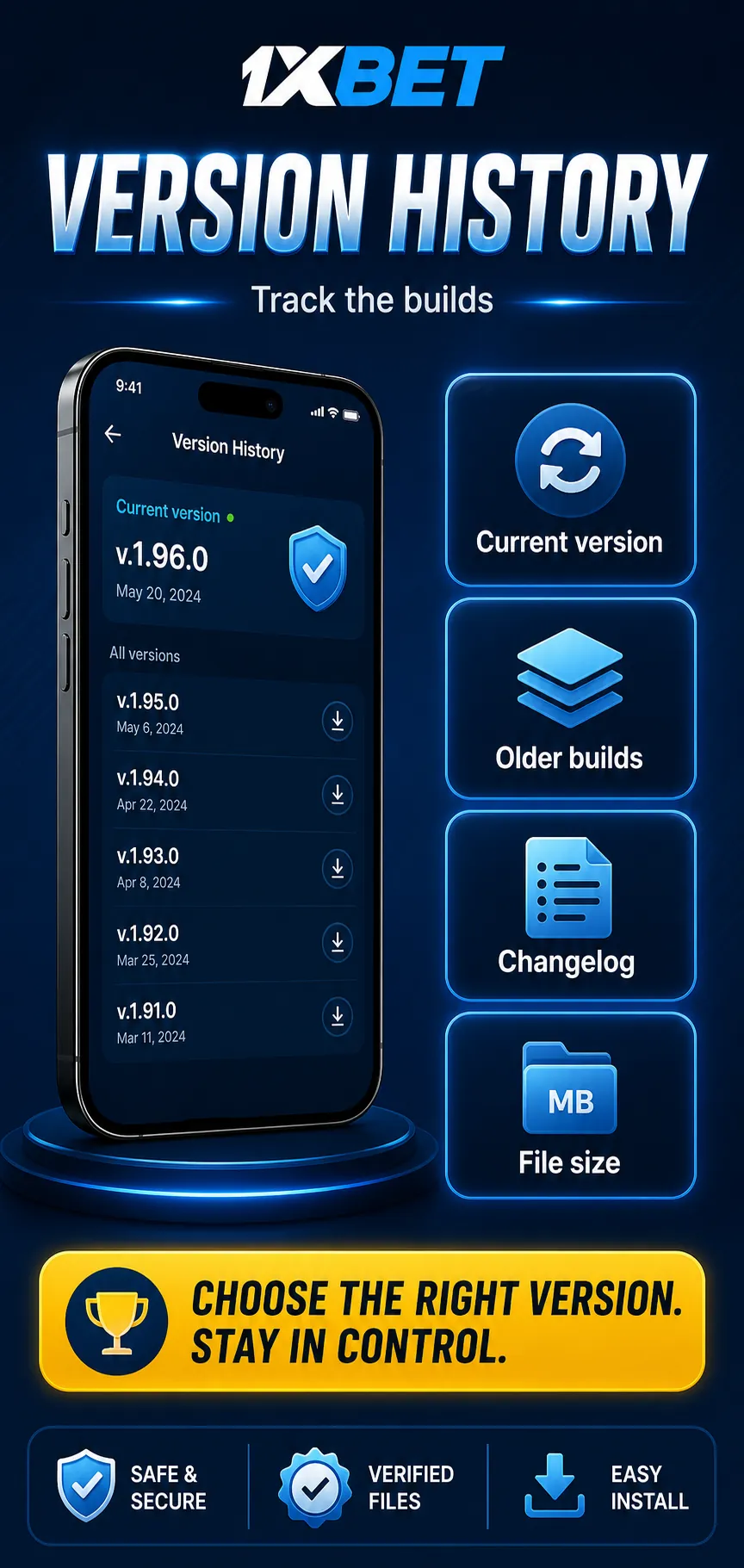 1xBet APK version history infographic with current file 1xbet-prod-v255.5.0, size 56.7 MB, SHA-256 displayed, old copy to delete and controlled update
